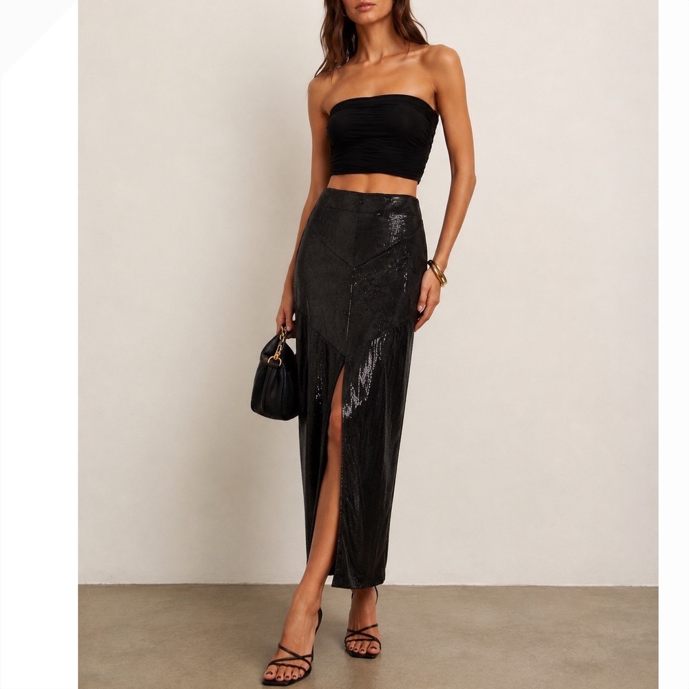 Michael Lo Sordo Black Silk Blend Pencil Skirt Front Split Evening Luxe Womens 8